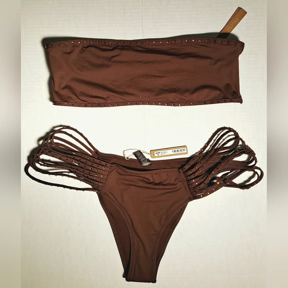 ❤️NWT SKIMS 2 Pc Rhinestone Bandeau Swim Top Strappy Bikini Set Brown COCOA 3X